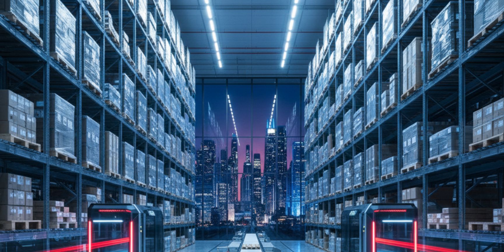 Eine Nahaufnahme eines automatischen Hochregallagers mit einer Palette auf einem Förderband in der Mitte. Links und rechts sind hohe Regale voll mit Waren sichtbar. Zwei Regalbediengeräte mit roten Lichtspuren bewegen sich dynamisch entlang der Regale, während im Hintergrund eine nächtliche Stadtansicht durch die Glasfassade schimmert. Das Bild betont die Geschwindigkeit und Technologie moderner Lagerlogistik.